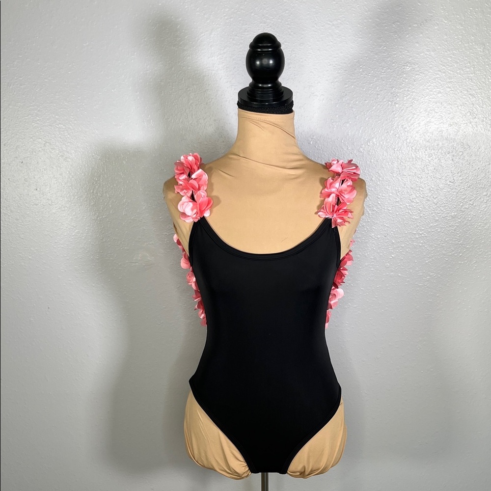 Black pink floral appliqué Scoop Back OnePiece cheeky Swimsuit S coquette resort - Picture 2 of 11